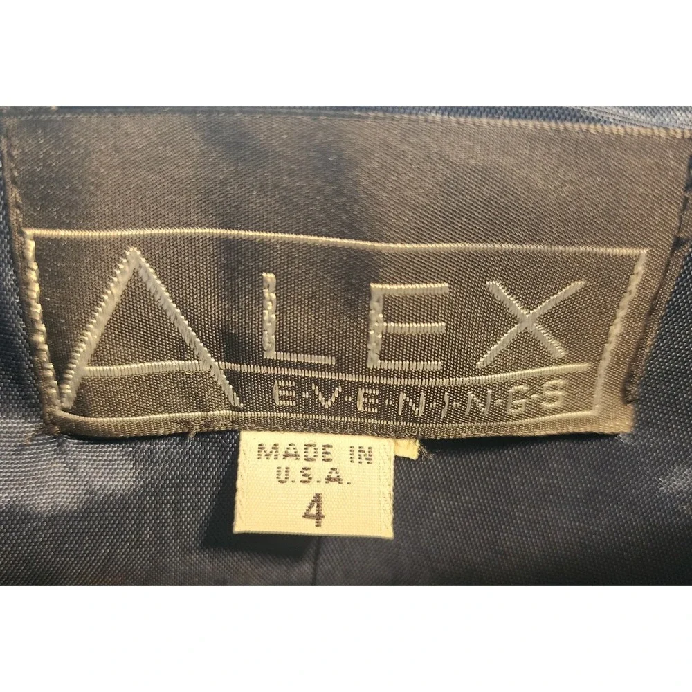 Alex Evenings Navy Blue Satin Gown Bolero Jacket Set Rhinestone Brooch Size 4